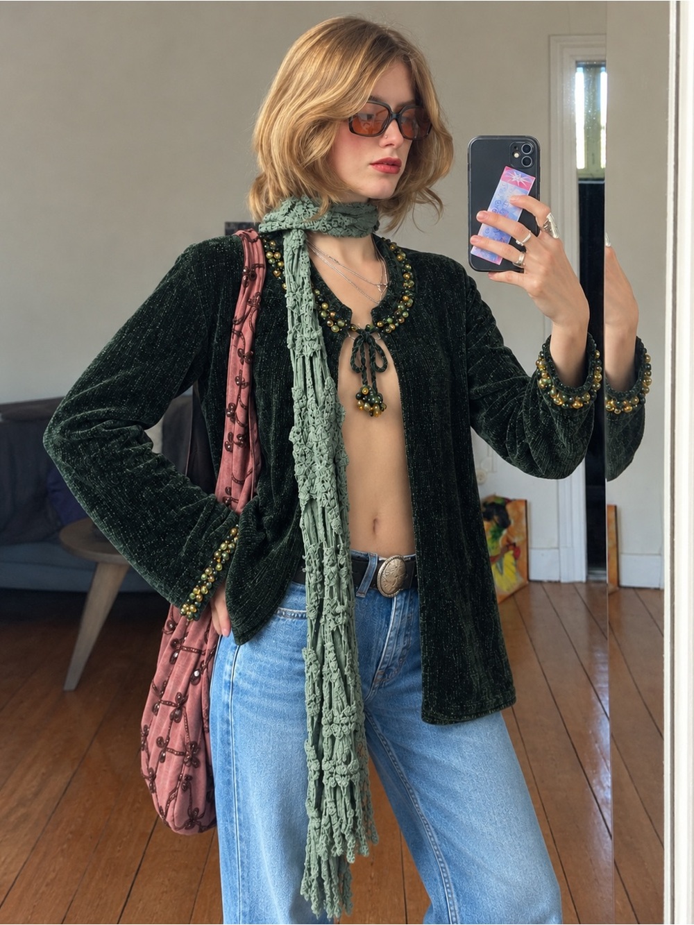 Vtg Amina Rubinacci Emerald Green Chenille Resin Beaded Cardigan Whimsigoth